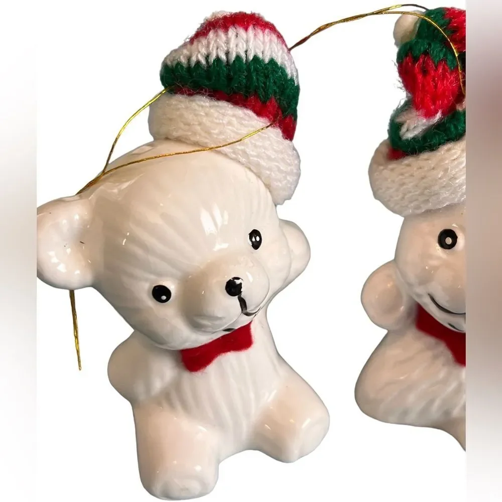 Vintage Teddy Bear Ceramic Ornaments Set of 3 Christmas Stocking Hate Red Green